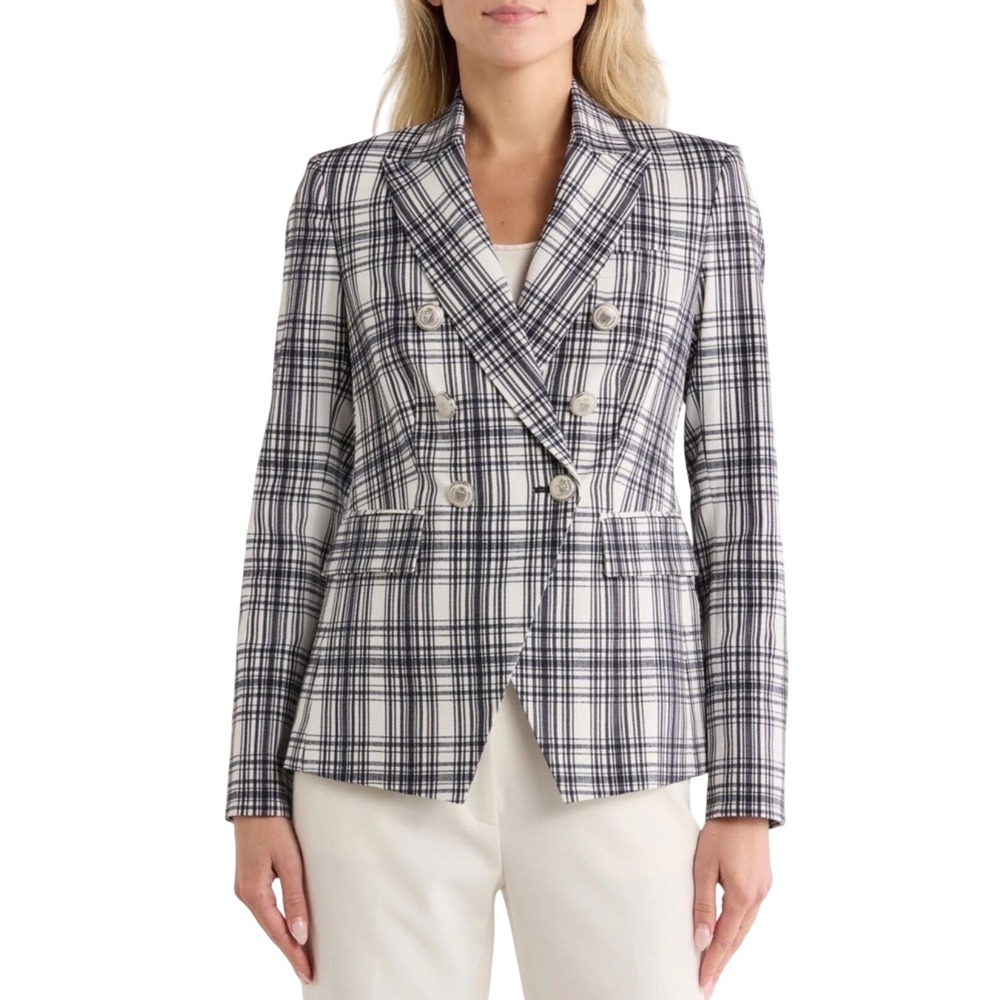 Veronica Beard Miller Plaid Dickey Jacket Navy Ivory Double Breasted Blazer 2